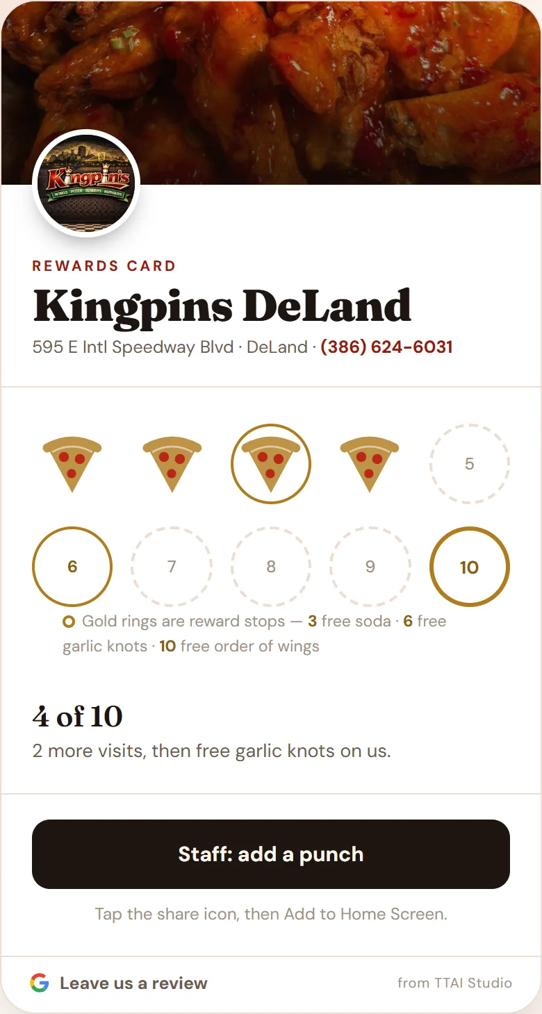 Kingpins DeLand digital rewards card showing four of 10 visits